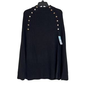 Blue Sol Large Black Sweater Cape Pocho With Gold Accent Buttons